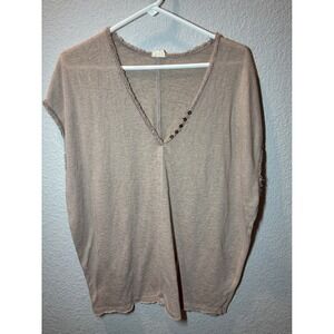 Hyku V-Neck Top Raw Hem Dolman Sleeve Casual Blouse Brown Large
